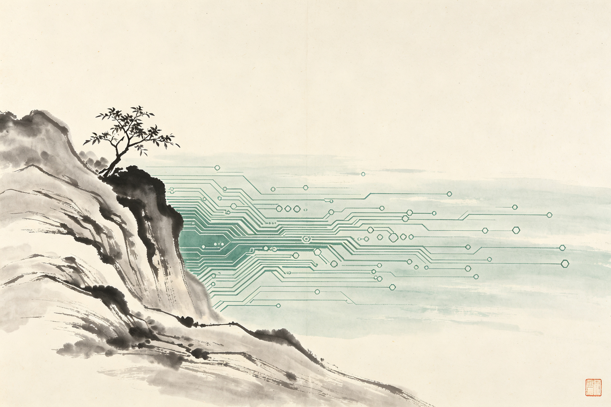 水墨山水与数字电路交融的概念插画